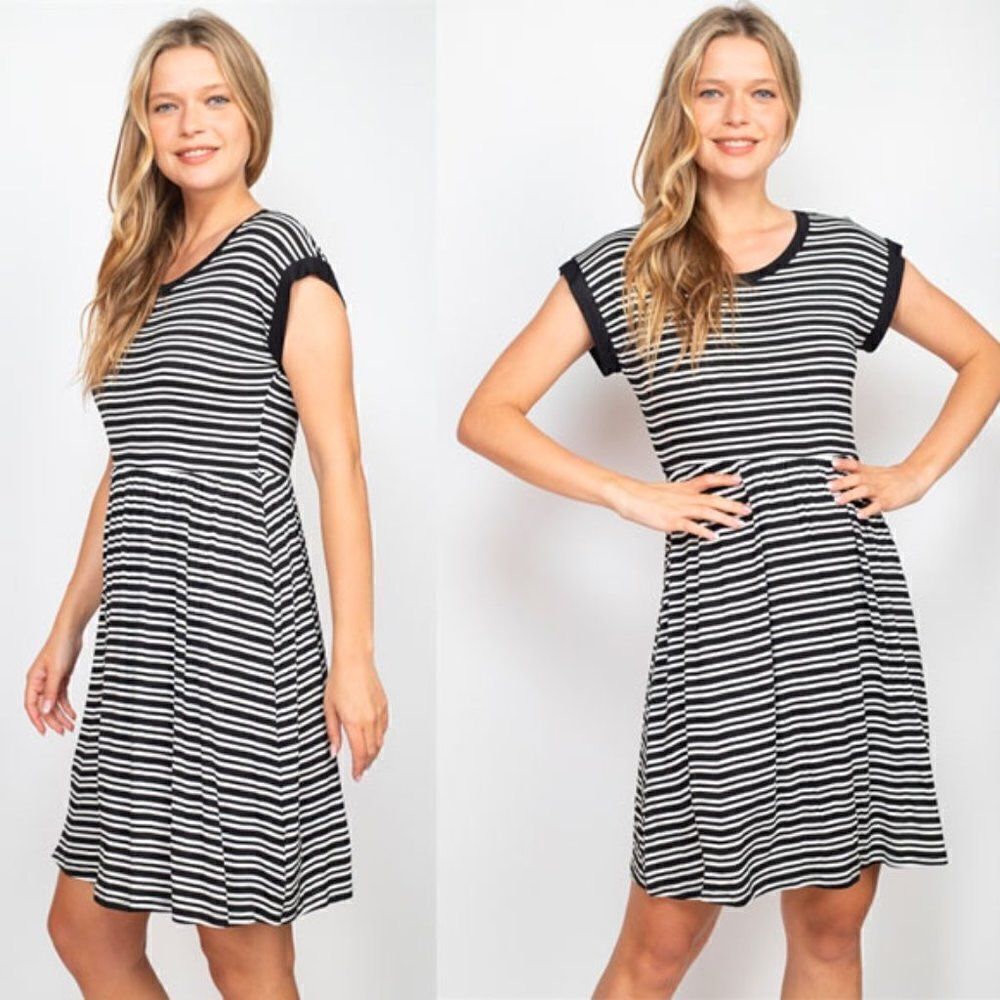 *Clearance* Summer Short Sleeve Black Stripes Dress - Picture 2 of 5